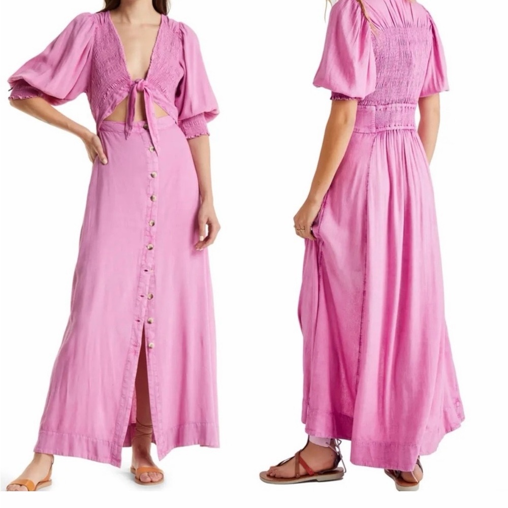 Free People String of Hearts Pink Front Tie Maxi Dress